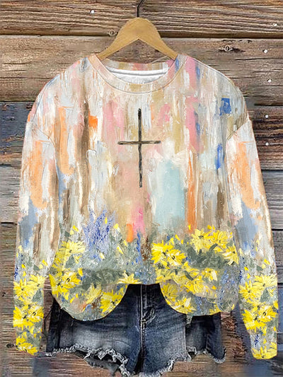 Oil Painting Faith Cross Flower Print Sweatshirt