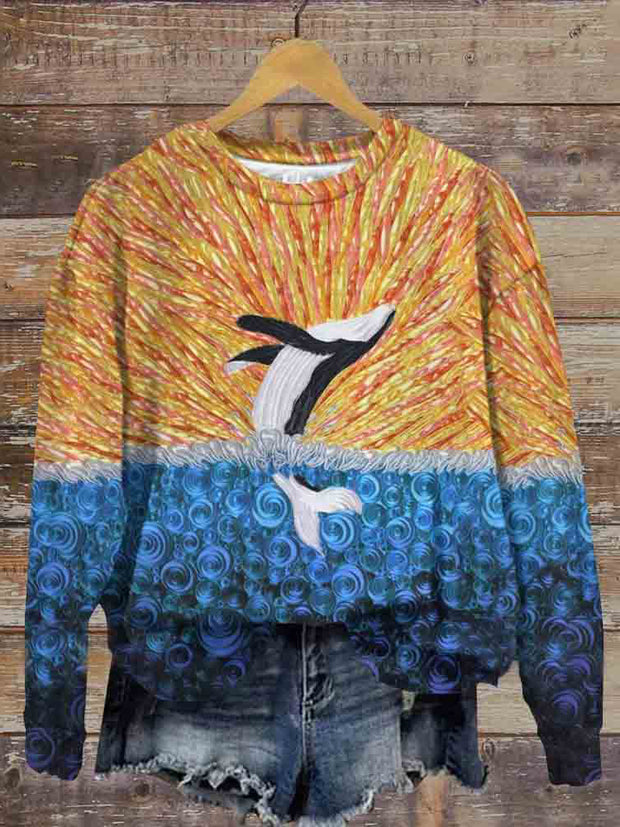 Retro Colorful Dolphin Art Print Casual Crew Neck Sweatshirt