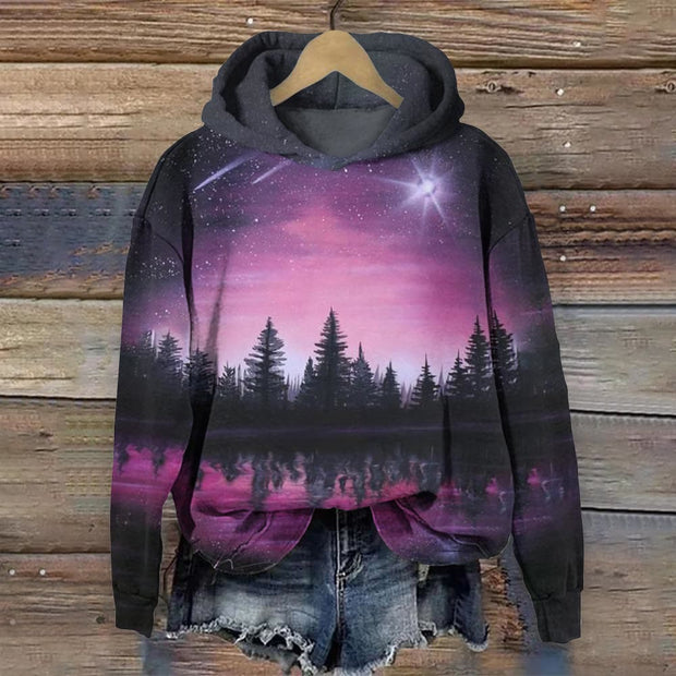 Meteor Shower And Forest Silhouette Print Hoodie
