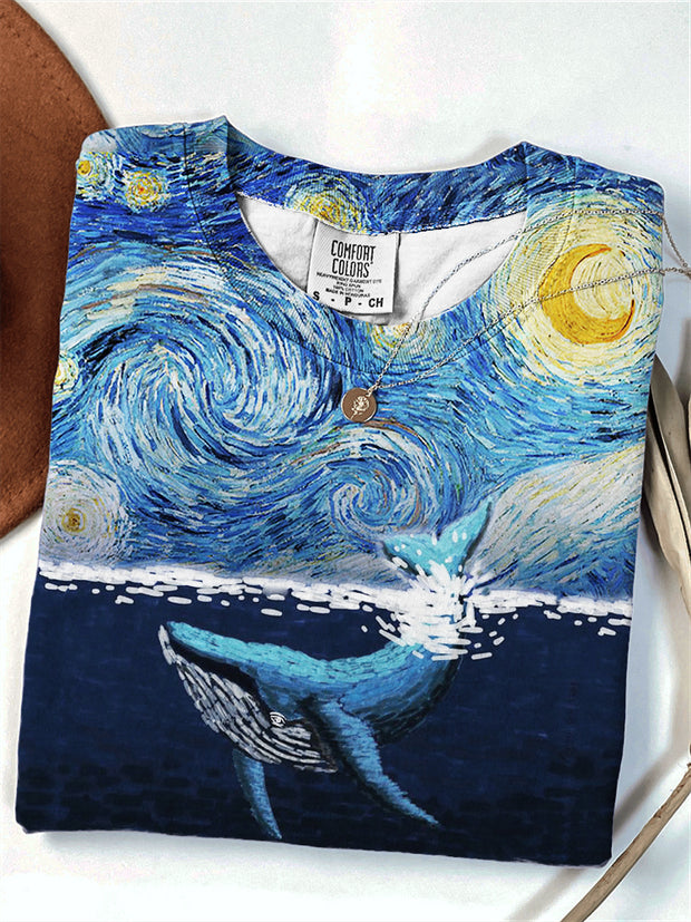 Whale at Starry Night Contrast Art Comfy T Shirt