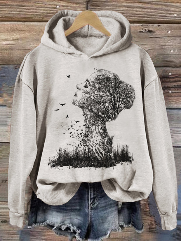 Women's Retro Art Tree And Head Print Long Sleeve Hoodie