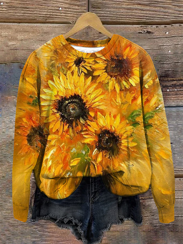 Sunflower Art  Print Crew Neck Long Sleeve Sweatshirt