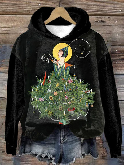 Women's Casual Christmas Tree Print Long Sleeve Hooded Sweatshirt