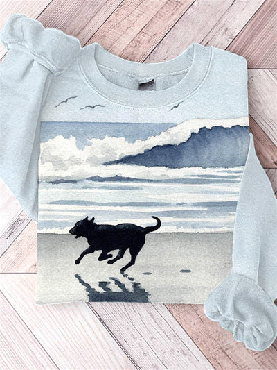 Black Dog At The Beach Print Casual Sweatshirt