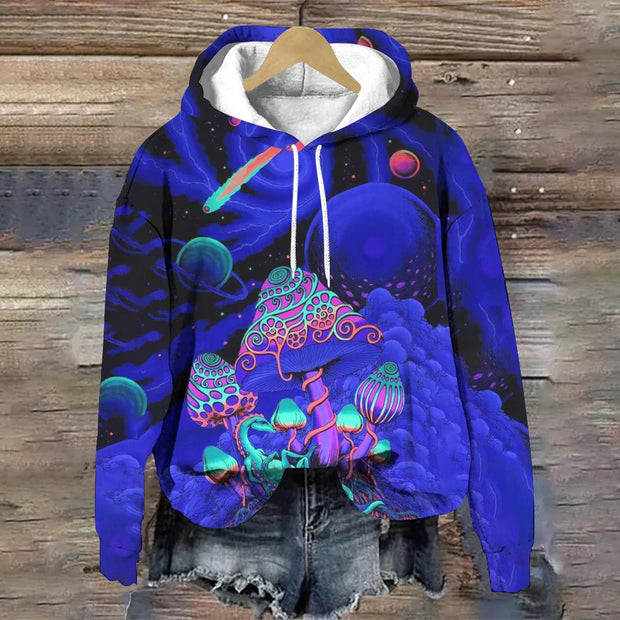 Mushrooms Planet Painting Printed Long Sleeve Hoodie