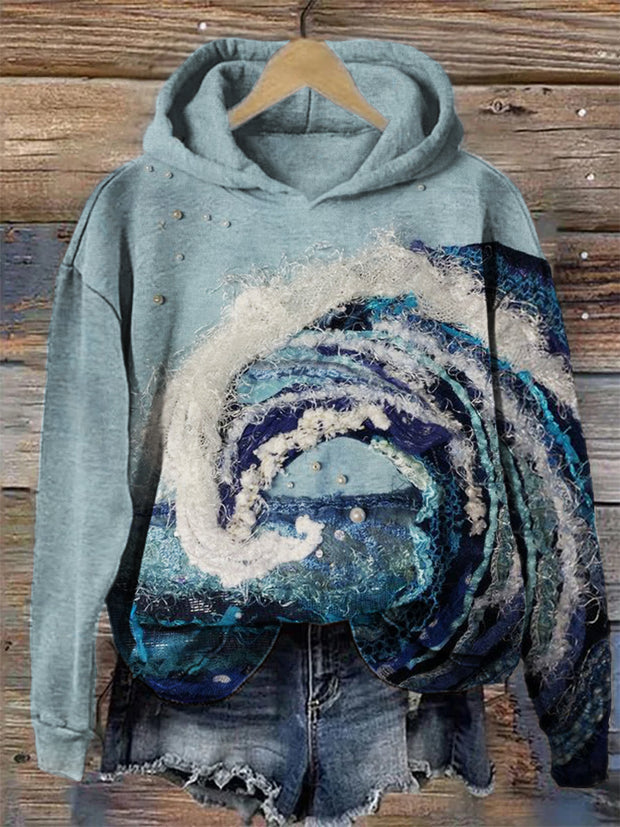 Sea Wave Pearl Textile Art Cozy Hoodie