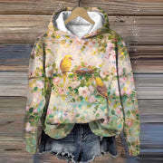 Women's Floral Pattern Bird Family Nest Print Long Sleeve Hoodie