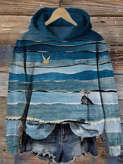 Seagulls Sea Waves Denim Patchwork Colorblock Hoodie