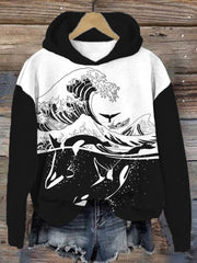 The Wave with Killer Whale Art Contrast Cozy Hoodie