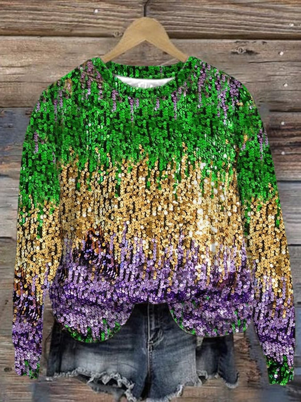 Women's Mardi Gras Print Crew Neck Long Sleeve Sweatshirt