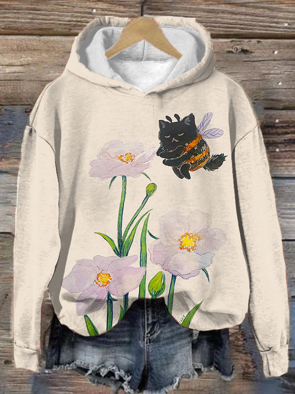 Women's Funny Cute Cat Bee Flower Print Hooded Sweatshirt