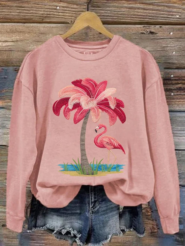 Retro Coconut Tree Flamingo Print Casual Crew Neck Sweatshirt
