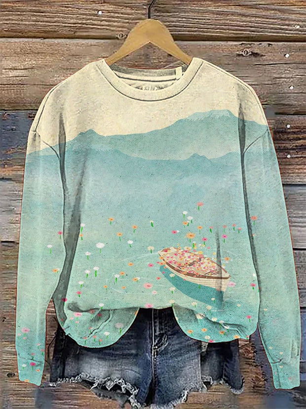 Women's Flower Boat Sea Print Casual Sweatshirt