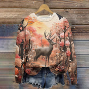 Forest Scenery Deer Pattern Round Neck Sweatshirt