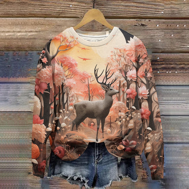 Forest Scenery Deer Pattern Round Neck Sweatshirt