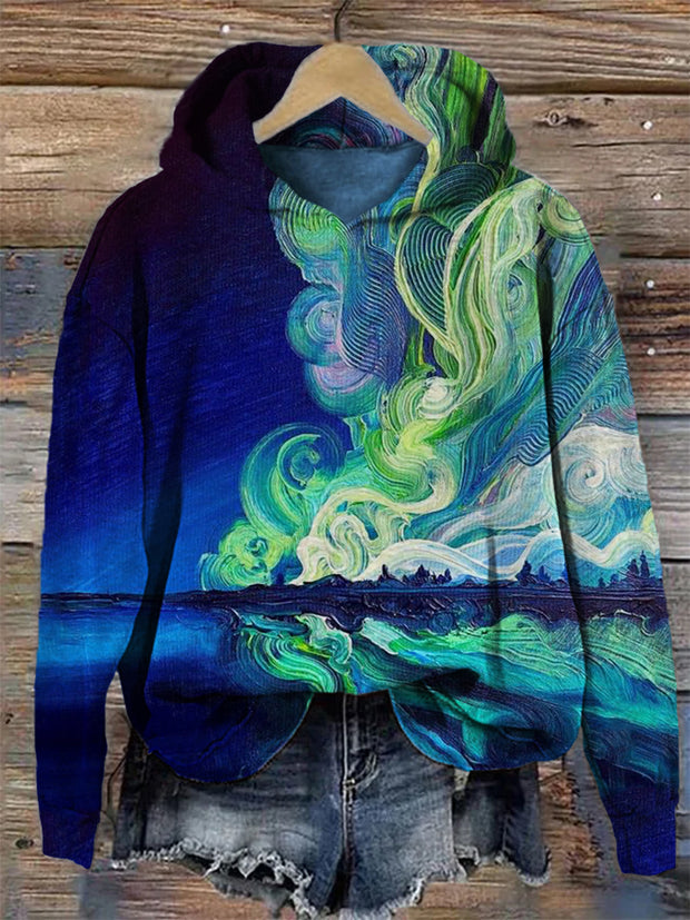 Aurora Reflection Oil Painting Cozy Hoodie