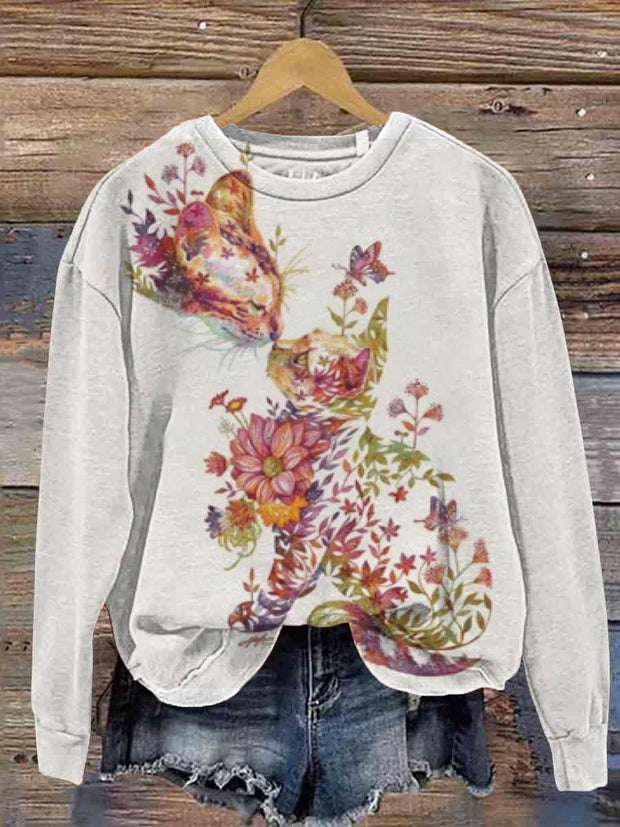 Women's Flower Floristic Cat Artistic Graphic Print Sweatshirt