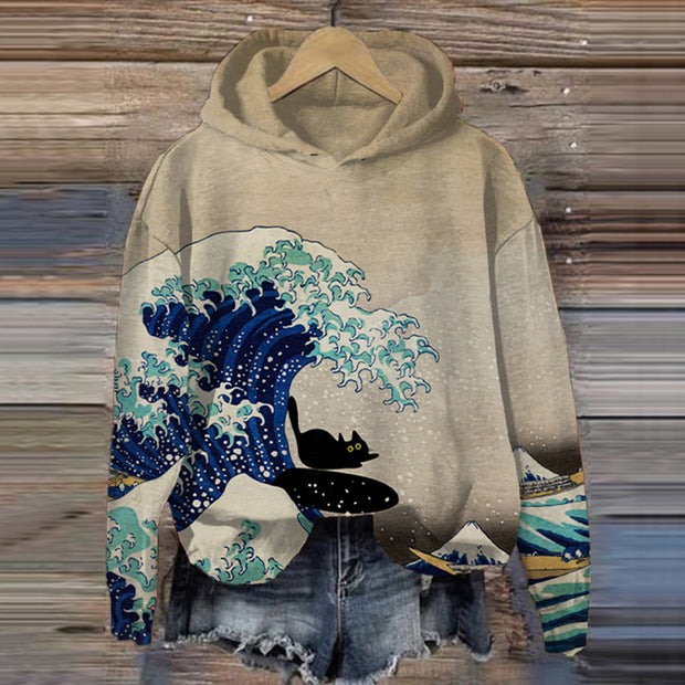 Vintage Cat Print Casual Hoodie