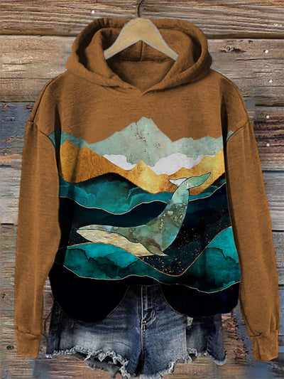 Elegant Whale & Landscape Art Cozy Hoodie