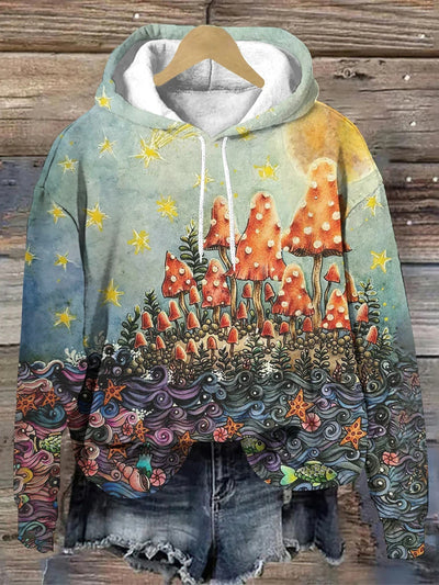 Vintage Forest Mushrooms Star Printed Long Sleeve Hoodie