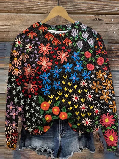 Women's Yarn Multicolor Small Flowers Print Sweatshirt