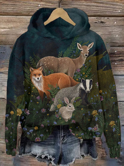 Women's Winter Fox And Elk Art Print Hooded Sweatshirt