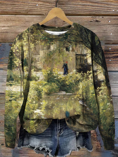 Vintage Stream Landscape Oil Painting Art Sweatshirt