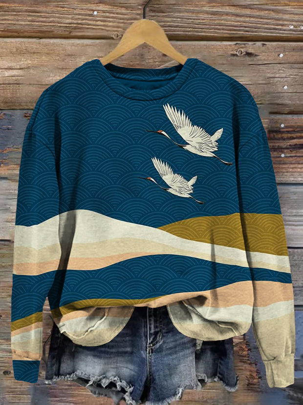 Flying Cranes & Japanese Waves Art Cozy Sweatshirt