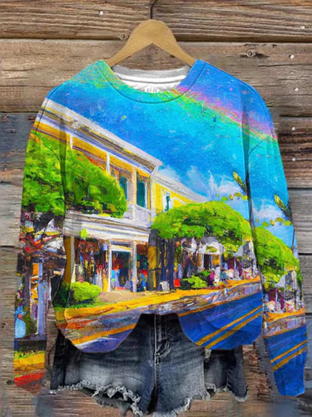 Oil Painting Lahaina Town Printed Sweatshirt