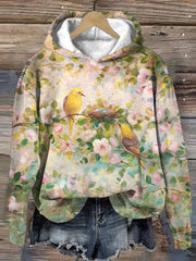 Women's Floral Pattern Bird Family Nest Print Long Sleeve Hoodie