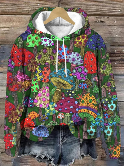 Vintage Forest Mushrooms Printed Long Sleeve Hoodie