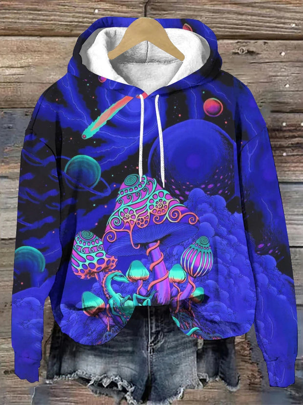 Planet Mushroom Painting Printed Long Sleeve Hoodie