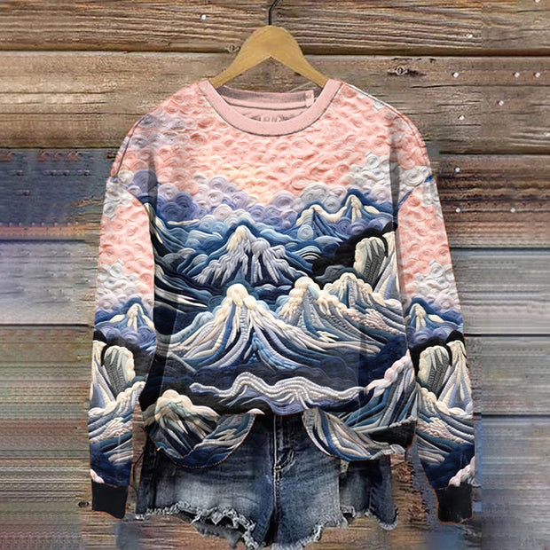 Women's Ukiyoe Snow Mountain Embroidery Felt Art Print Sweatshirt