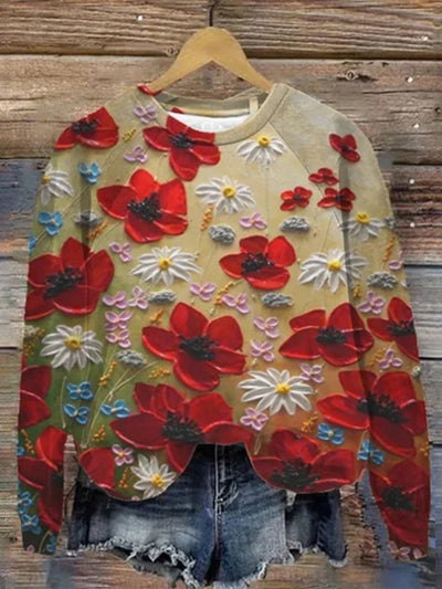 Women's Beautiful Red Flowers Oil Painting Raglan Sleeve Sweatshirt