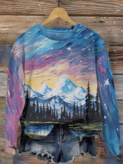 Abstract Landscape Oil Painting Pattern Round Neck Sweatshirt