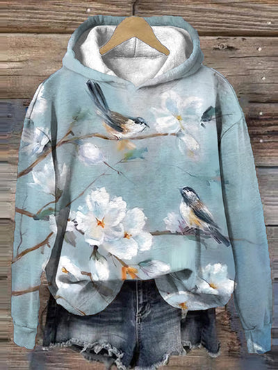 Women's Flower And Bird Art Painting Print Long Sleeve Hoodie