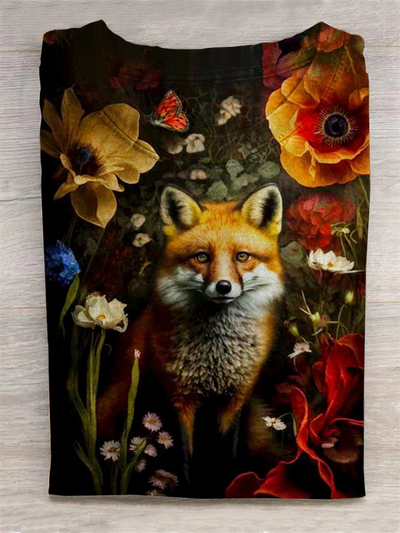 Retro Fox Floral Art Print Casual T-Shirt