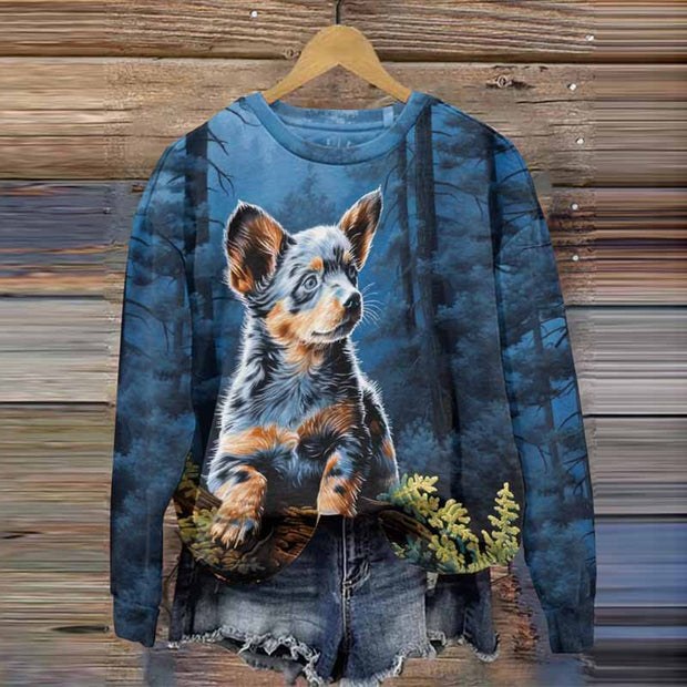 Cute Puppy Print Round Neck Sweatshirt
