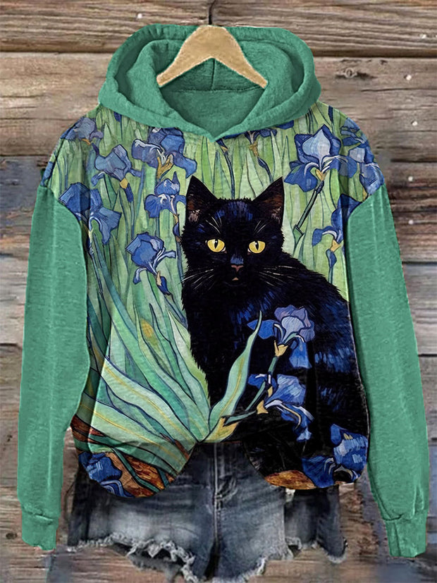 Irises Funny Cat Print Cotton Cozy Hoodie