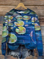Women's Water Lily Koi Fish Pond Oil Painting Printed Sweatshirt