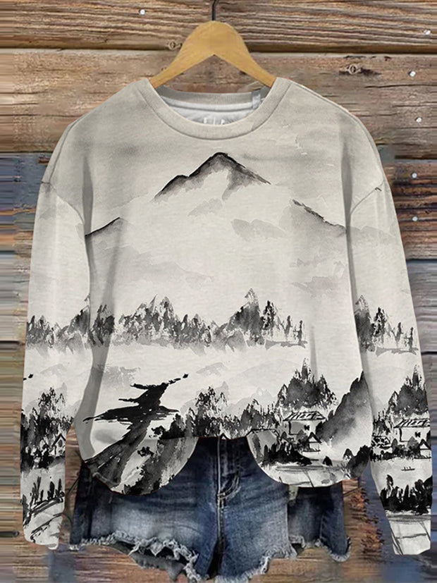 Ink Landscape And Forest Print Crew Neck Sweatshirt