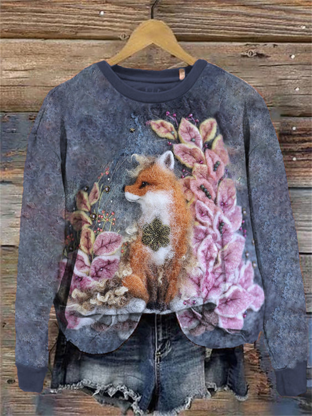 Forest Fox Felt Art Crew Neck Sweatshirt