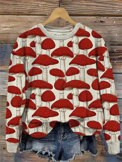 Mushroom Print Crew Neck Sweatshirt