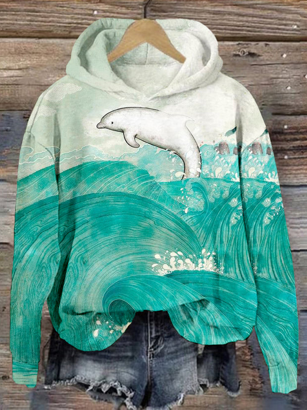 Dolphin and Wave Art Graphic Comfy Hoodie