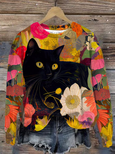 Women's Flower Cat Art Print Round Neck Sweatshirt