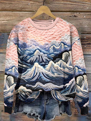 Women's Ukiyoe Snow Mountain Embroidery Felt Art Print Sweatshirt
