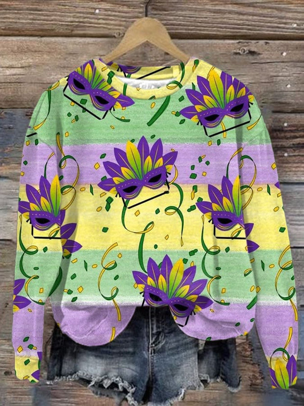 Women's Mardi Gras Print Round Neck Sweatshirt