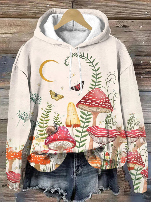 Retro Vintage Forest Mushrooms Printed Long Sleeve Hoodie