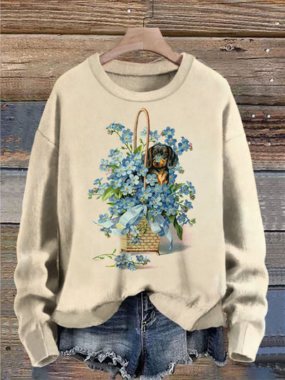 Women's Dachshund Dog In Flower Basket Print Cozy Sweatshirt