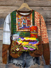 Retro Mardi Gras Mask Beads King Cake Oil Painting Print Sweatshirt